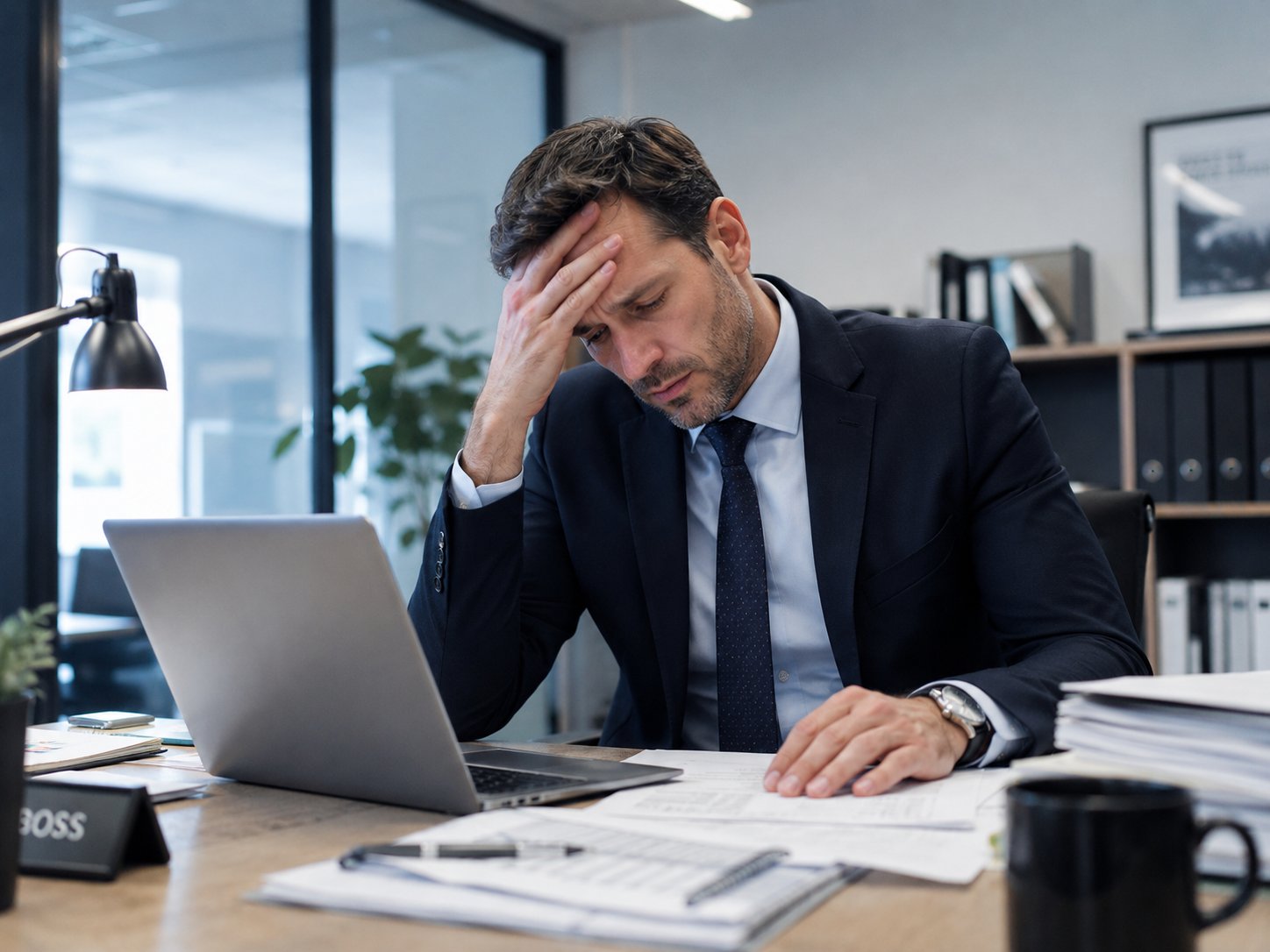 Business owner overwhelmed at a desk full of work